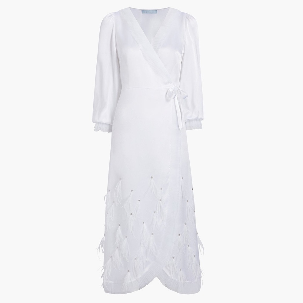 Hill House White Feather-Trim Wrap Robe